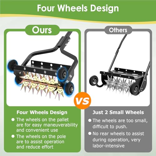Seeutek 18 Inch Lawn Aerator, Upgraded Heavy Duty Manual Aerators Lawn Tool w/ 3D Steel Tines, 4 Wheels & Non-Slip Handle, Push Spike Aerator Suitable for Lawn, Garden and Yard - size: 18" Upgraded