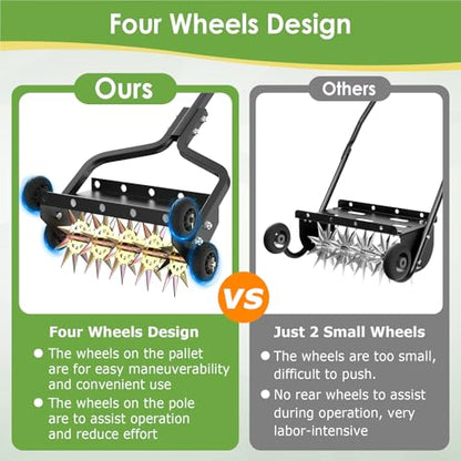 Seeutek 18 Inch Lawn Aerator, Upgraded Heavy Duty Manual Aerators Lawn Tool w/ 3D Steel Tines, 4 Wheels & Non-Slip Handle, Push Spike Aerator Suitable for Lawn, Garden and Yard - size: 18" Upgraded
