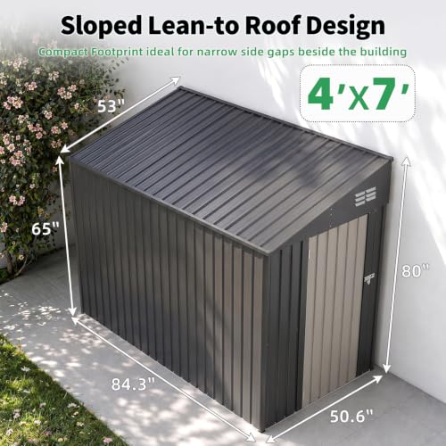 AECOJOY 4' x 6' Lean to Shed, Small Metal Outdoor Storage Shed, Wall Side Sheds & Outdoor Storage Cabinet Clearance, Bike Shed for Garden, Backyard and Outdoor Use in Dark Grey - color: Dark Grey, size: 4' x 7'