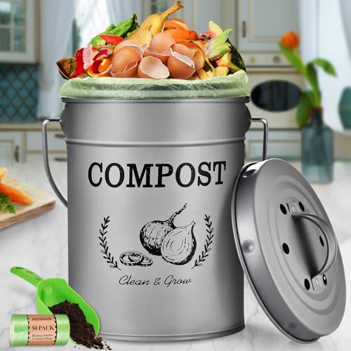 AOSION 1 Gallon Countertop Compost Bin for Kitchen with Lid,Odor Resistant - color: Grey(50 Pack Trash Bags & Garden Shovel)