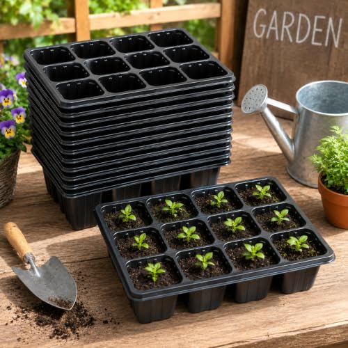 10 Pack Seed Starter Trays with Drainage Holes, Reusable 12 Cell Seedling Trays for Seed Starting, Plant Germination Trays for Herbs, Vegetables, Flowers, Indoor Greenhouse & Outdoor Gardening, Black