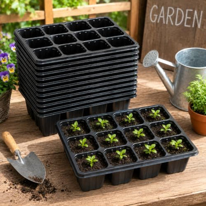10 Pack Seed Starter Trays with Drainage Holes, Reusable 12 Cell Seedling Trays for Seed Starting, Plant Germination Trays for Herbs, Vegetables, Flowers, Indoor Greenhouse & Outdoor Gardening, Black