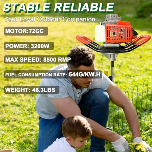 72CC Auger Post Hole Digger, 2 Stroke Gas Powered Earth Post Hole Digger with 3 Auger Drill Bits(3" & 5"& 8") + 2 Extension Rods(24"& 24") for Farm Garden Plant, Orange