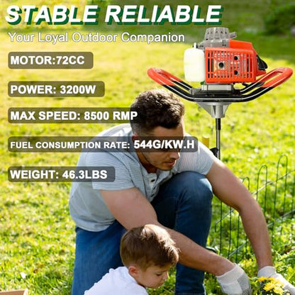 72CC Auger Post Hole Digger, 2 Stroke Gas Powered Earth Post Hole Digger with 3 Auger Drill Bits(3" & 5"& 8") + 2 Extension Rods(24"& 24") for Farm Garden Plant, Orange