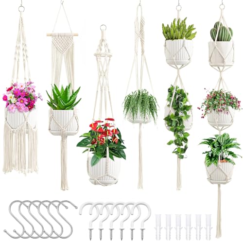 SFENNGPET Macrame Plant Hangers, 6Pack Hanging Planters for Indoor Plants - color: Ivory
