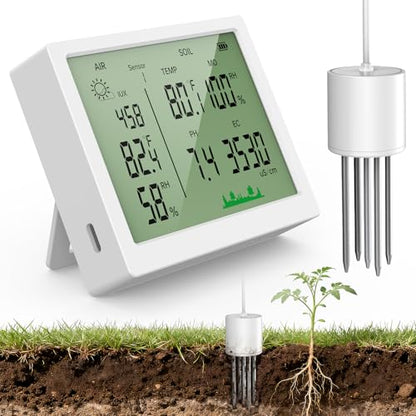 7 in 1 Soil Meter, Digital Soil Test Kit of PH/Sunlight/Fertility/Soil & Air Temp, Humidity Meter for Indoor & Outdoor Plant, Growing Environment Tester with Large LCD Display for Farm, Garden & Lawn
