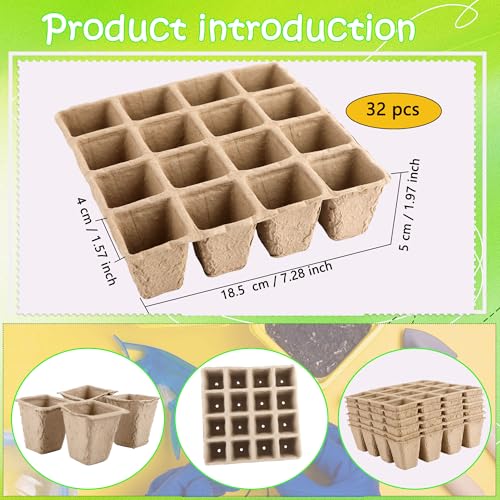32 Packs of 512 Cells Seed Starter Trays Biodegradable Seedling Sets Organic Plant Seedling Trays with Holes Plant Starter Kit for Herb Seed Starter