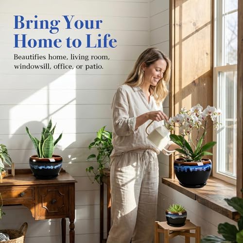 AVLA 3 Pack Ceramic Flower Pots, Gardening Drip Glazed Planter, Plant Pot with Drainage Hole and Saucer, 7/5/4 Inch Rustic Houseplant Container for Succulent Herbs Cactus Orchid, Home Indoor Outdoor