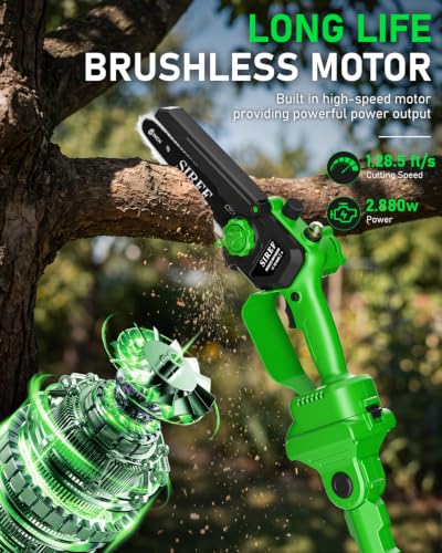 2-in-1 Electric Pole Saw 6inch Mini Chainsaw Cordless Brushless 2x4.0Ah Batteries Fast Charger Telescopic Power Pole Saw Tree Trimmer Limb Branch Cutter Pruner 16 Ft Max Reach Multi-Angle Green - color: Green-2 Batteries