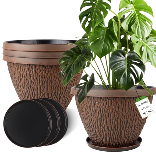 Nooulap 16 Inch Large Outdoor Plant Pot, 4 Pack, Brown - color: Pebbles Pattern, size: 16 inch