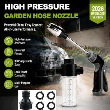 2026 Portable High Pressure Hose Nozzle with Foam Cannon Fits 3/4" Garden Hose,9.8" Wand,Locking Trigger for Car Washing,Pet Rinsing,Garden Watering & Outdoor Cleaning