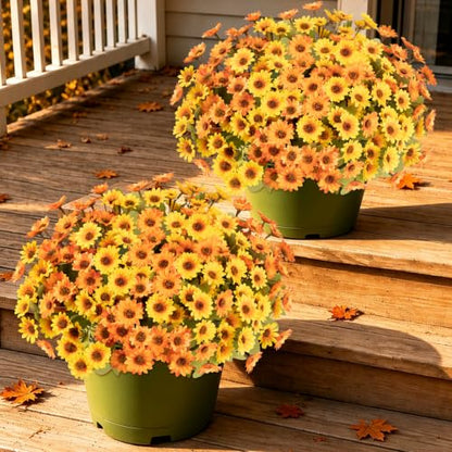12 PCS Artificial Mums for Outdoors, UV Resistant Fake Fall Flowers - color: Yellow + Orange