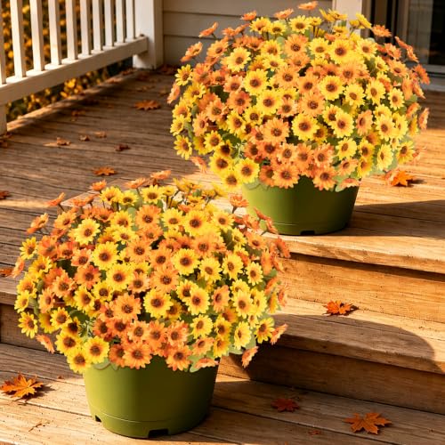 12 PCS Artificial Mums for Outdoors, UV Resistant Fake Fall Flowers - color: Yellow + Orange