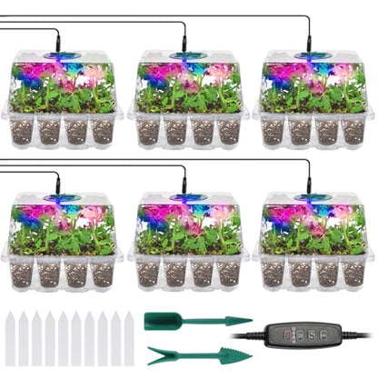 Seed Starter Trays with Grow Lights, 72 Cells Seed Starter Kit with Lights, 4 Timing Set, Germination Kit for Seed Starting Trays, Seedling Starter with High Humidity Control Domes (White, 6PCS) - color: White