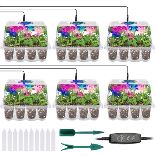 Seed Starter Trays with Grow Lights, 72 Cells Seed Starter Kit with Lights, 4 Timing Set, Germination Kit for Seed Starting Trays, Seedling Starter with High Humidity Control Domes (White, 6PCS) - color: White