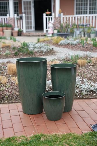 24,21,11 Inch Large Plastic Planters with Drainage Hole and Saucer - Set of 3 Tall Plant Pots Indoor Flower Pot Tall Round Planters Outdoor Large Tall Planter - color: Dark Green