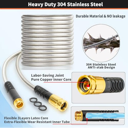 Metal Garden Hose 125FT Heavy Duty Lightweight 304 with Brass Nozzle,Durable Fittings,No Kink & Tangle,Puncture Resistant,Easy to Use & Store for RV,Outdoor, Yard,Ligh (125ft) - size: 125ft