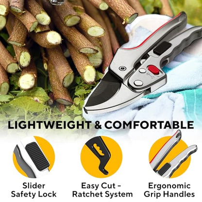 Gerossi Ratchet Pruning Shears Heavy Duty, Hand Pruners for Gardening - color: Silver-red
