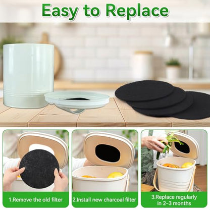 6 Pack 6.7 Inch Charcoal Filter for Kitchen Compost Bin Countertop Bucket