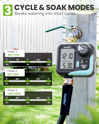 RAINPOINT Sprinkler Timer for Garden Hose - Hose Timer with Cycle & Soak/Rain Delay/Automatic Watering/Manual Watering, Programmable Irrigation System with Large Display for Lawn, Yard, Brass Inlet - color: Mint Green