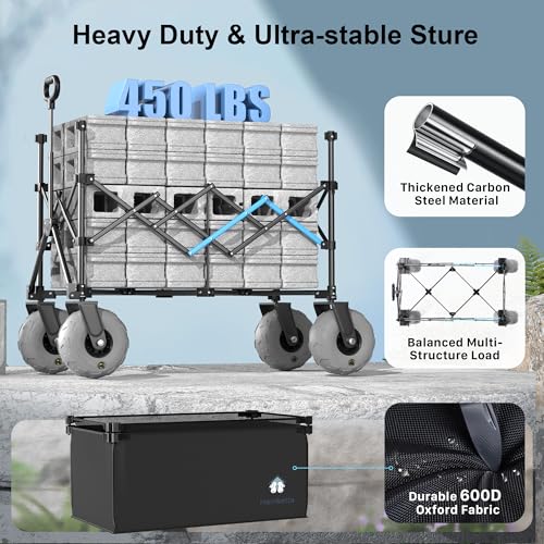 Beach Wagon with Big Wheels for Sand, 450LBS Heavy Duty Foldable Wagon Cart - color: Black, size: 380L