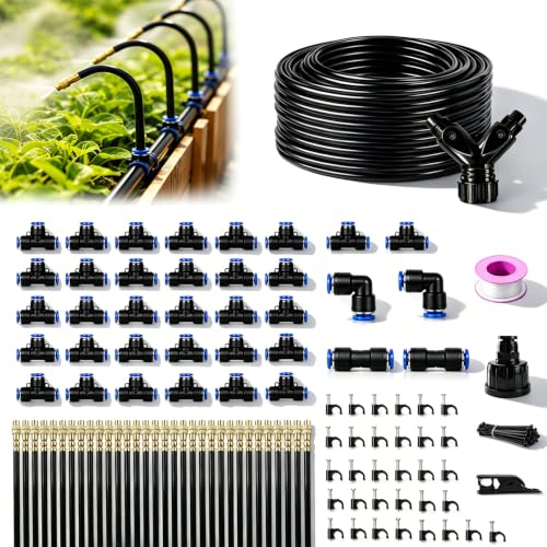 5/16" Drip Irrigation System 130 ft with 32-Pcs 360° Adjustable Copper Nozzles, Automatic Misting Watering System for Garden, Raised Beds, Greenhouse (130ft+32 nozzles) - size: 130ft+32 nozzles