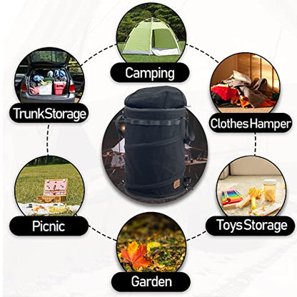 Sutekus Pop Up Storage Bin Collapsible Trash Can Recycle Container Reusable Utility Bag with Zippered Lid for Camping, Laundry, Garden (Black) - color: Black