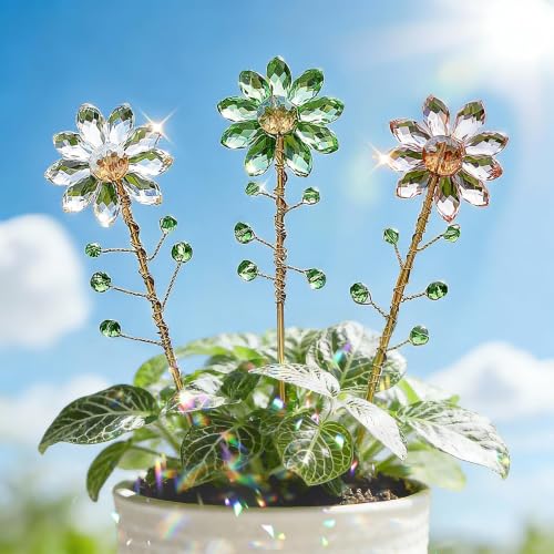 3Pcs Crystal Sunflower Suncatchers with 13'' Gold Trellis Metal Plant Stake - color: Clear, Green, Pink