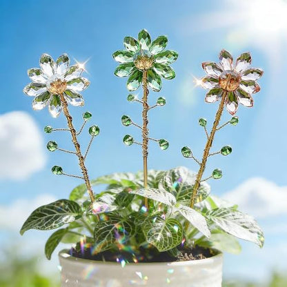 3Pcs Crystal Sunflower Suncatchers with 13'' Gold Trellis Metal Plant Stake - color: Clear, Green, Pink