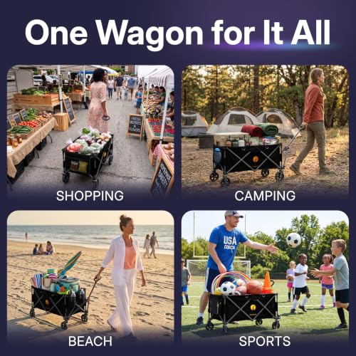 39" L Collapsible Wagon with All-Terrain Wheels, 460 lbs Foldable Cart with Detachable Flashlight, Pockets & Flexible Steering Handle, Black Utility Heavy Duty Folding Beach Wagons Carts - color: Black