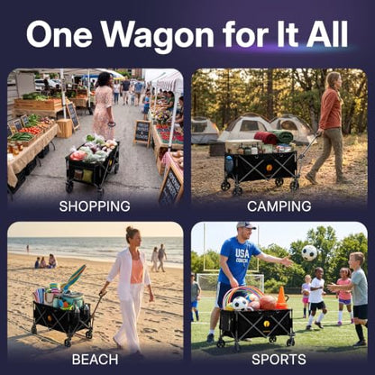39" L Collapsible Wagon with All-Terrain Wheels, 460 lbs Foldable Cart with Detachable Flashlight, Pockets & Flexible Steering Handle, Black Utility Heavy Duty Folding Beach Wagons Carts - color: Black