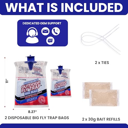 Fly Traps Outdoor Fly Trap for Patio. 2 Large Non-Toxic Pre-Baited Flies Bags Outdoor Disposable. Big Hanging Bug Catchers for All Filth Flies Killer for Outside Bug Control in Yard Horse Ranch. - size: 2pk