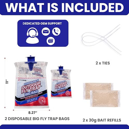 Fly Traps Outdoor Fly Trap for Patio. 2 Large Non-Toxic Pre-Baited Flies Bags Outdoor Disposable. Big Hanging Bug Catchers for All Filth Flies Killer for Outside Bug Control in Yard Horse Ranch. - size: 2pk