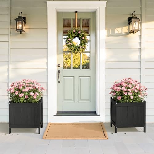 LUE BONA Outdoor Plant Pots Set of 2, 13.8" x 12.6" x 14.6" HDPS Flower Pots with Drainage Holes, Outdoor Planter Box for Outdoor Plants - Porch Patio, Garden or Entryway, Black - color: Black