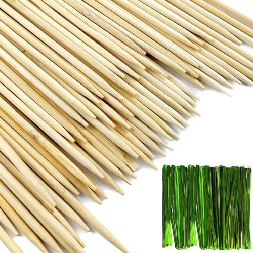 TIHOOD 100PCS 18" Wooden Garden Stakes with 100PCS 4" Garden Ties, Green Bamboo Sticks, Floral Plant Support, Tomato Stakes (Natural) - color: Natural