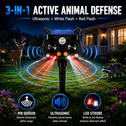 New Solar Animal Repellent Ultrasonic Outdoor for Deer Cat Skunk Squirrel Racoon Fortress Pro Animal Repeller Deterrent Devices with LED Strobe,Motion Sensor,Adjustable Volume and Modes for Yard,2 Pcs