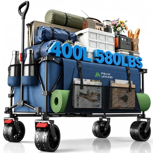 400L Folding Wagon Cart with Brakes & Removable Table, 580lbs Heavy Duty Collapsible Wagon, Big All-Terrain Wheels for Camping, Sports, Grocery, Outdoor - Blue - color: Blue