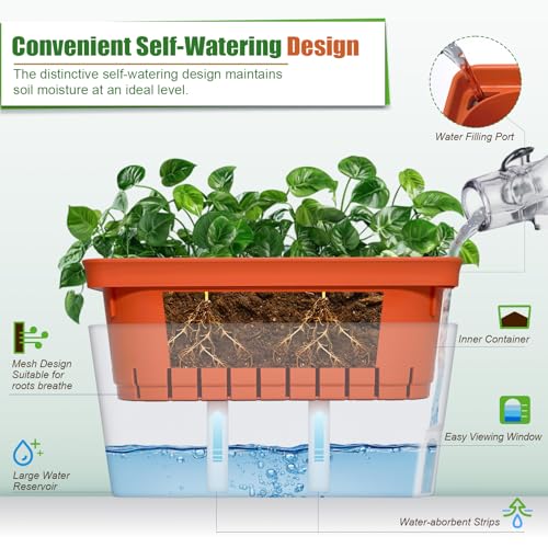 OurWarm 3 Pack Self Watering Herb Planter Set for Windowsill, 10.5In Indoor Herb Garden Planters with Water Level Indicator, Dual Layer Easy Care Pot for Basil, Flowers, Vegetables & Succulent - size: 3 PACK