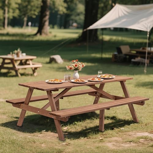 Outdoor Wooden Picnic Table with Benches and Umbrella Hole, Rustic Style Wood Picnic Table Bench Set for 6 or 8 Person for Backyard, Porch, Patio, and Deck, Brown - size: 8Person-Brown
