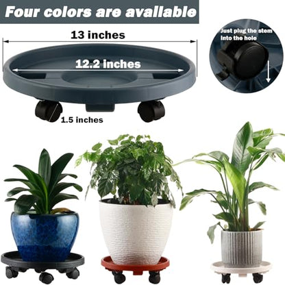 5 Packs Large Plant Caddy with Wheels 13" Rolling Wheeled Plant Stands Heavy-Duty Plastic Flower Pot Roller Base Movers Indoor Outdoor Planter Dolly with Casters Trolley, Grey - color: Gray
