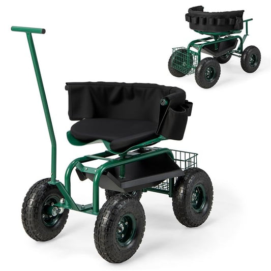 ERGOMASTER Garden Cart Rolling Workseat with Wheels,2 Steering Handles,360 Degree Swivel Seat & Tool Storage, Use for Patio, Yard, and Outdoors Workseat, Green - color: Green