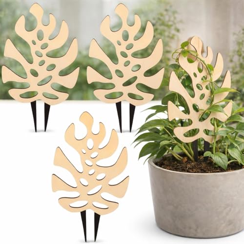 Junkin 3 Pcs 11.2 Inch Wooden Monstera Leaf Trellis, Indoor Climbing Plant Support for Potted Plants Pothos Ivy Hoya Vines, Small Garden Stake for Houseplants