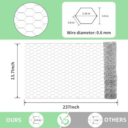 Miuwauer Chicken Wire Chicken Wire 13.7 in x 237 in Poultry Wire Netting Hexagonal Galvanized Mesh Garden Fence Barrier for Pet Rabbit Chicken Fencing with 100 Pcs Cable Zip Ties - color: Silver, size: 13.7"x237"+100Ties