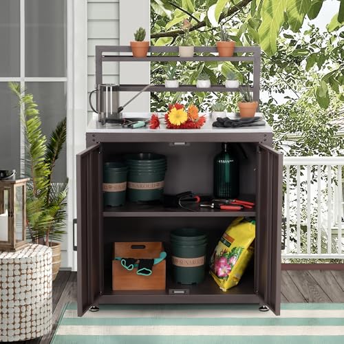 Feasto Outdoor Potting Bench with Storage Cabinet Stainless Steel Tabletop - color: Brown