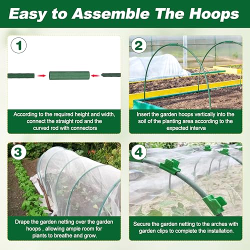 Garden Netting Kit, 10 X 50FT Garden Netting Pest Barrier with 10 Sets Garden Hoops and 20pcs Clips, Insect Netting Row Cover for Raised Beds Vegetable Fruits Flowers Protection