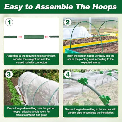 Garden Netting Kit, 10 X 50FT Garden Netting Pest Barrier with 10 Sets Garden Hoops and 20pcs Clips, Insect Netting Row Cover for Raised Beds Vegetable Fruits Flowers Protection