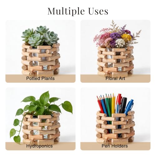 Farmhouse Solid Wood Openwork Vase - with 3.5 Inch Borosilicate Glass Liner, Indoor Tabletop Decor, Versatile Floral Container for Fresh & Dried Flowers, Hydroponics and Mini Potted Plants