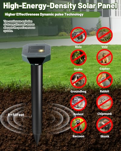 Snake & Mole & Rabbit & Skunk Repellent Solar Powered, Upgraded Ultrasonic Deterrent, IP65 Waterproof, Gopher Groundhog Chipmunk Raccoon and Vole Repellent & Deterrent for Lawn & Garden, 10 Pack - size: 1 Count (Pack of 10)
