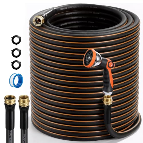 Garden Hose 100ft 5/8 Inch Heavy Duty All-Weather Flexible with Anti-Kink Swivel Connectors 550 PSI Leakproof Brass Fittings and 10-Mode Spray Nozzle - size: 100ft