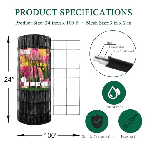 Black PVC Coated Welded Wire Fence 24" x 100' Roll, 2"x3" Mesh, 16 Gauge - color: Black, size: 2''x3'' 16GA 24''x100'